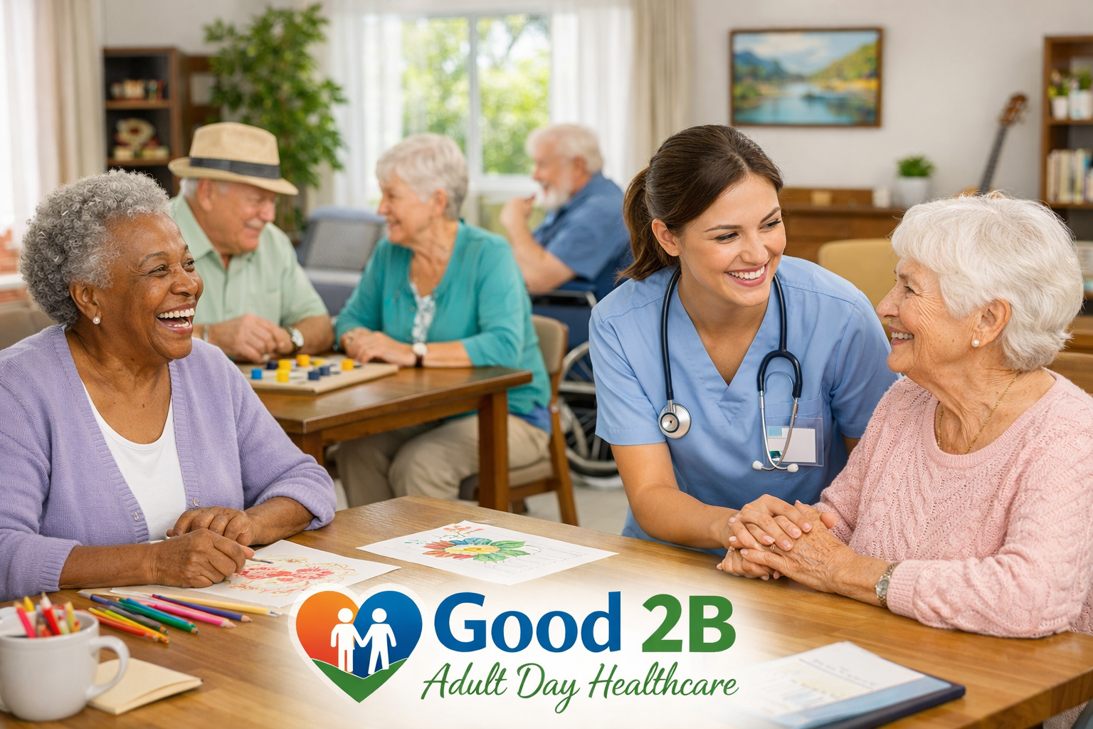 A group of elderly adults enjoying activities and socializing at a senior care center, with a healthcare professional caring for an elderly woman, and the center's logo 'Good 2B Adult Day Healthcare' at the bottom.