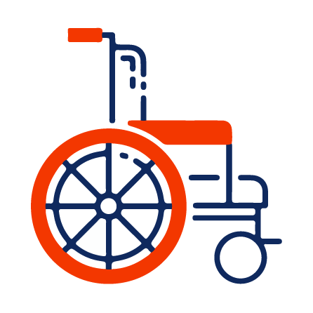Illustration of a wheelchair with an orange rim and a white segment on the wheel.