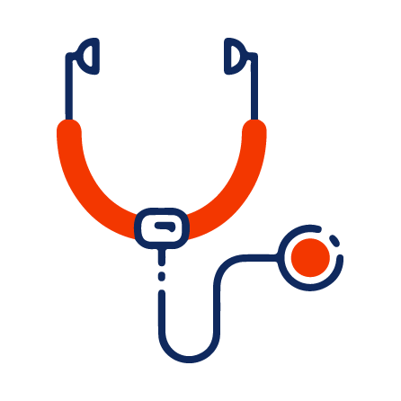Illustration of a stethoscope with a red and blue tube and a circular chest piece.