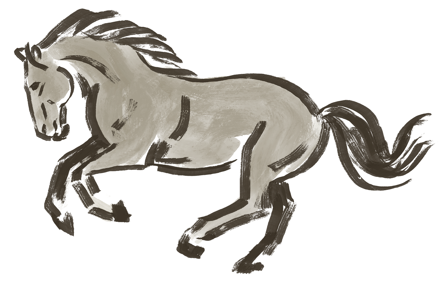 Huolettomin siveltimenvedoin maalattu kuvitus laukkaavasta hevosesta.