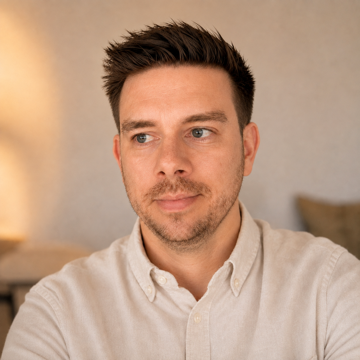 Close-up of a young man with short dark hair, blue eyes, and light skin, wearing a light-colored button-up shirt, sitting indoors on a beige couch or chair, with a neutral background.