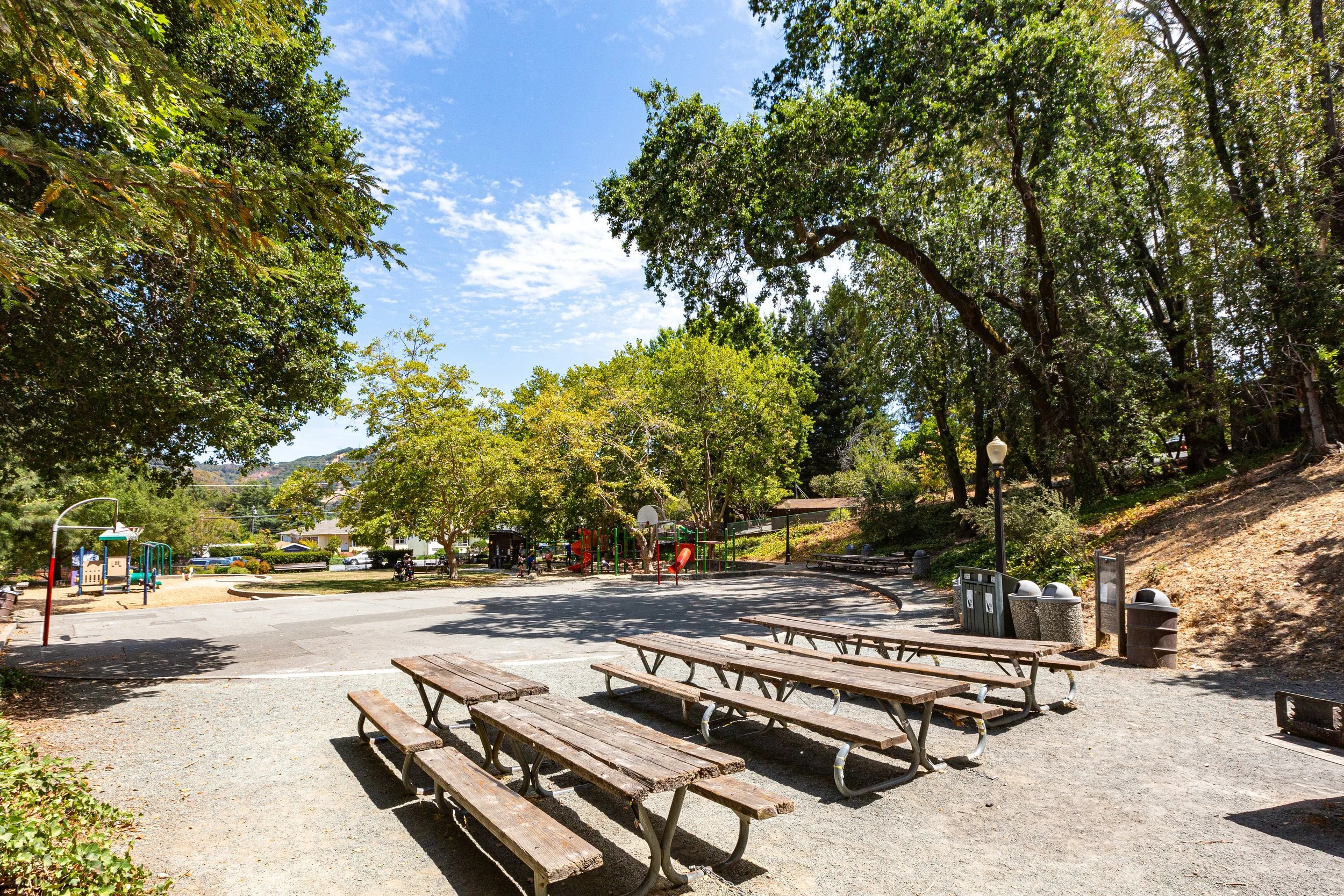 An outdoor park with picnic tables, a playground, and a basketball court surrounded by trees on a sunny day.