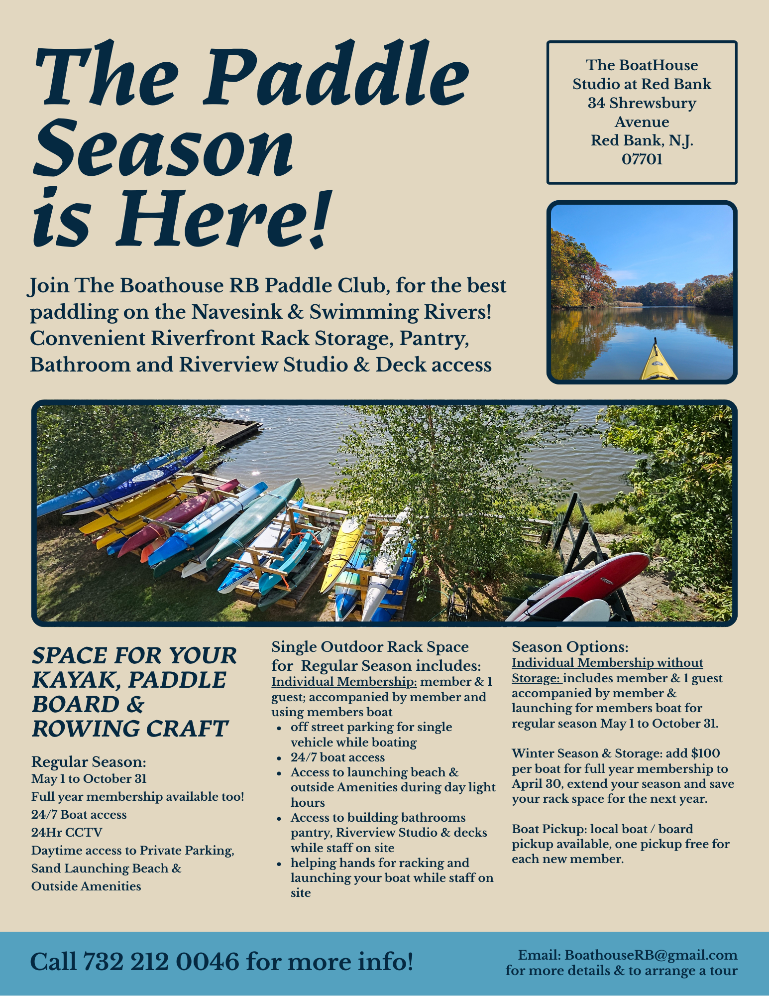 A flyer advertising paddle season at The Boathouse, featuring a large headline, detailed information about memberships and facilities, and three photos: one from a kayak on a river, another showing colorful kayaks on land, and a third a river view.