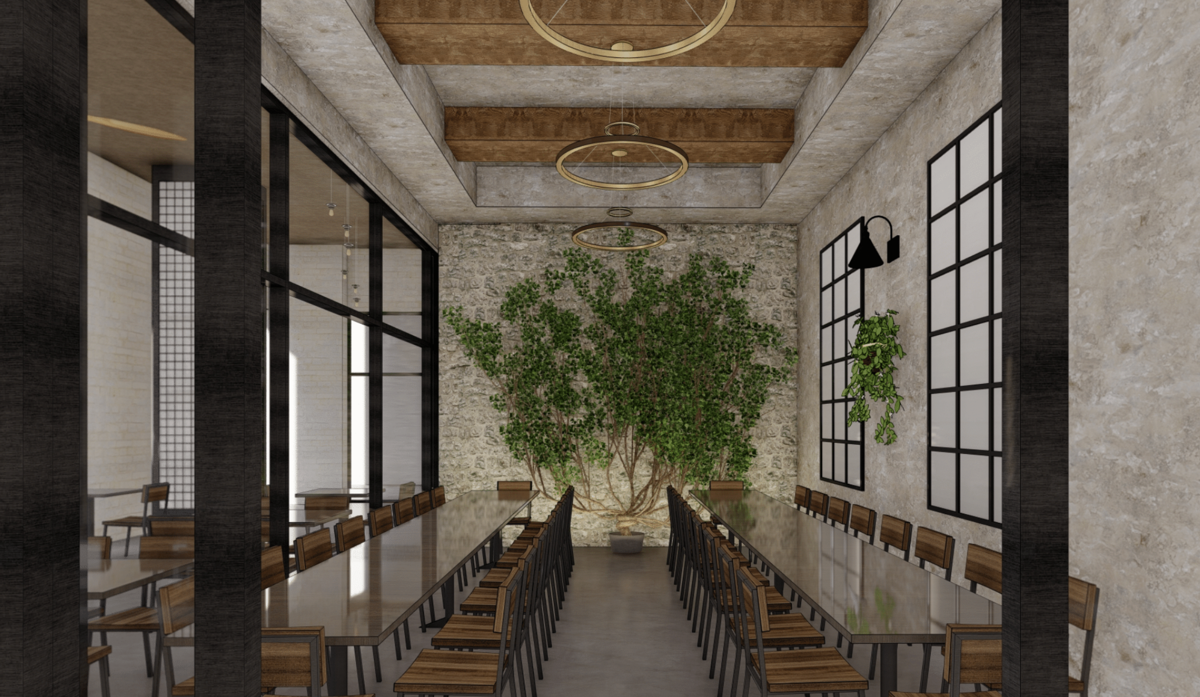 Modern dining room with long tables, wooden chairs, large windows, a stone wall with a plant, and decorative ceiling lights.