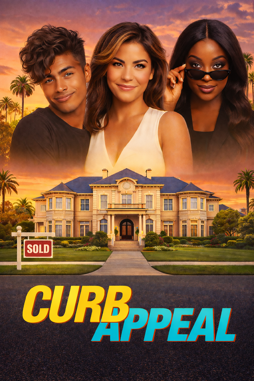 Two women wearing sunglasses against a yellow background at the top and two men standing in front of a house with a 'SOLD' sign at the bottom with text 'CURB APPEAL' in bold yellow and blue.