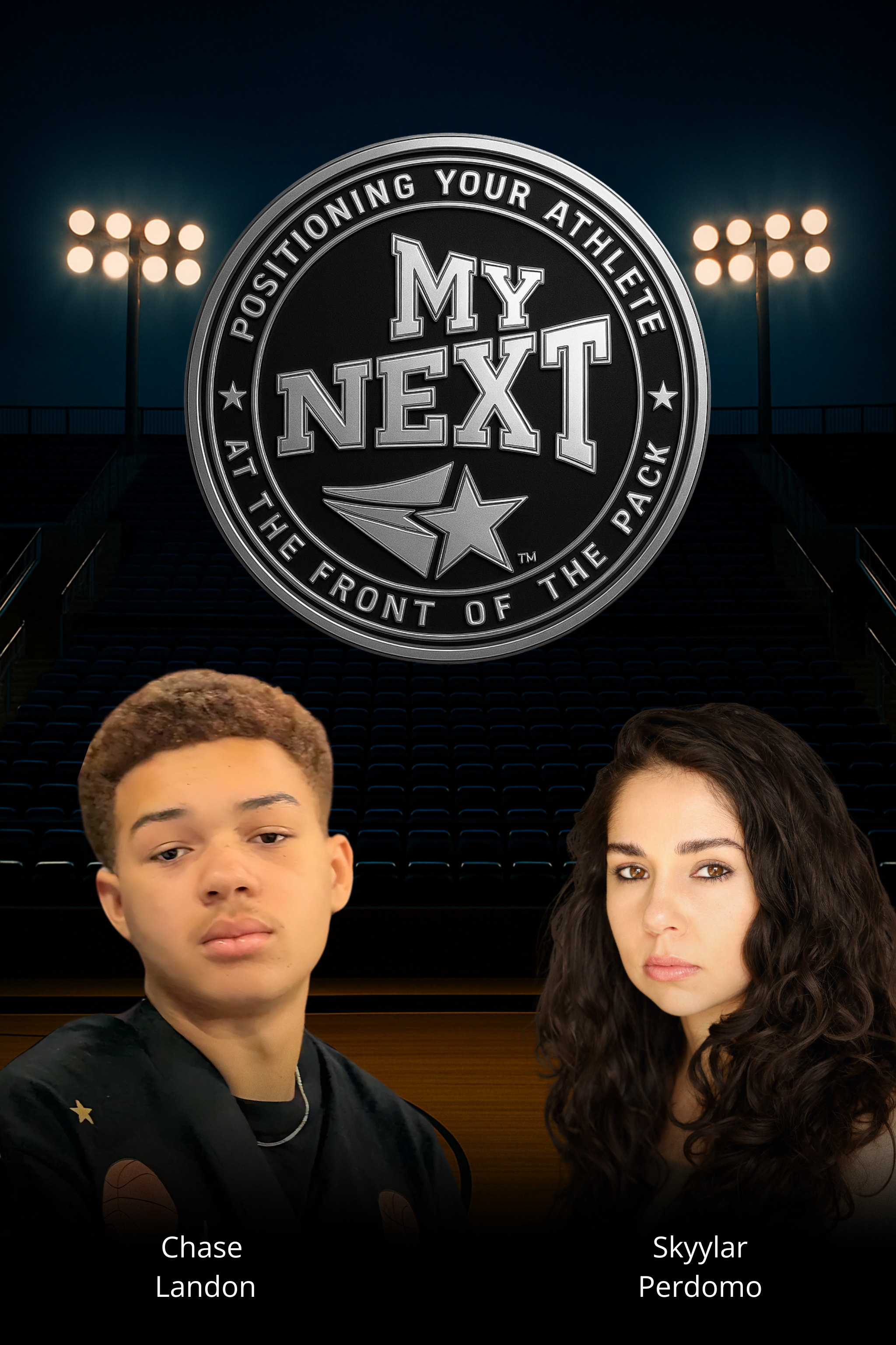 A circular metallic badge with the phrase "Positioning Your Athlete at the Front of the Pack" around the border and the words "My Next" in the center, along with a star and stylized arrow.