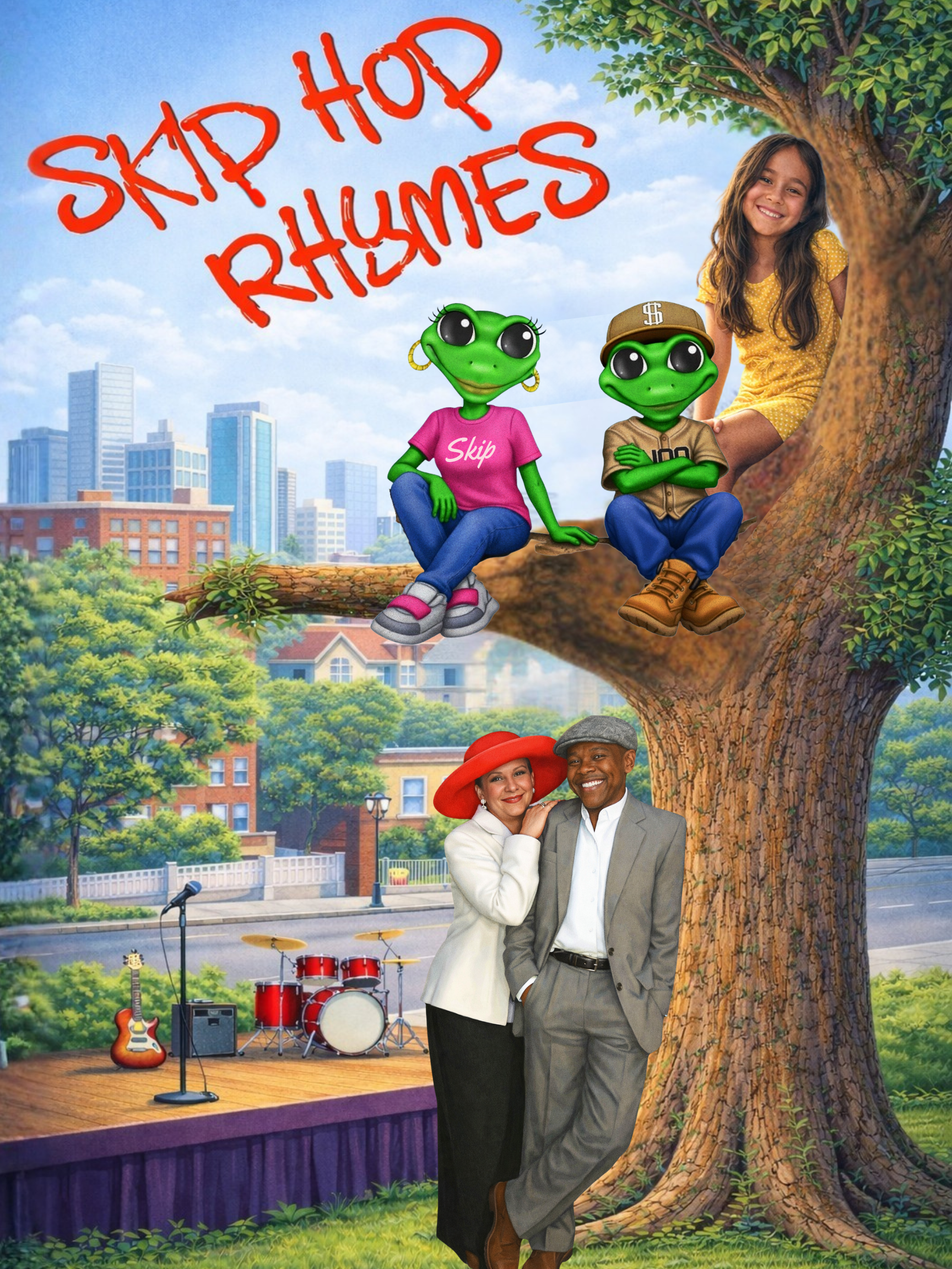 Cartoon frogs on stage with the text 'Skip Hop Rhythms' overhead. One frog wears a pink 'Skip' shirt and jeans, arms crossed, and the other frog wears a tan cap, tan shirt with 'Hip' on it, standing with arms folded. There is a guitar and stage lights in the background.