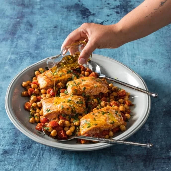 Baked Halibut with Cherry Tomatoes and Chickpeas