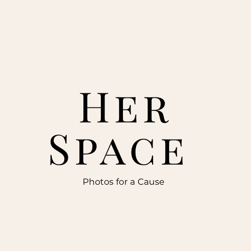 Logo for 'Her Space' with the tagline 'Photos for a Cause' on a beige background.