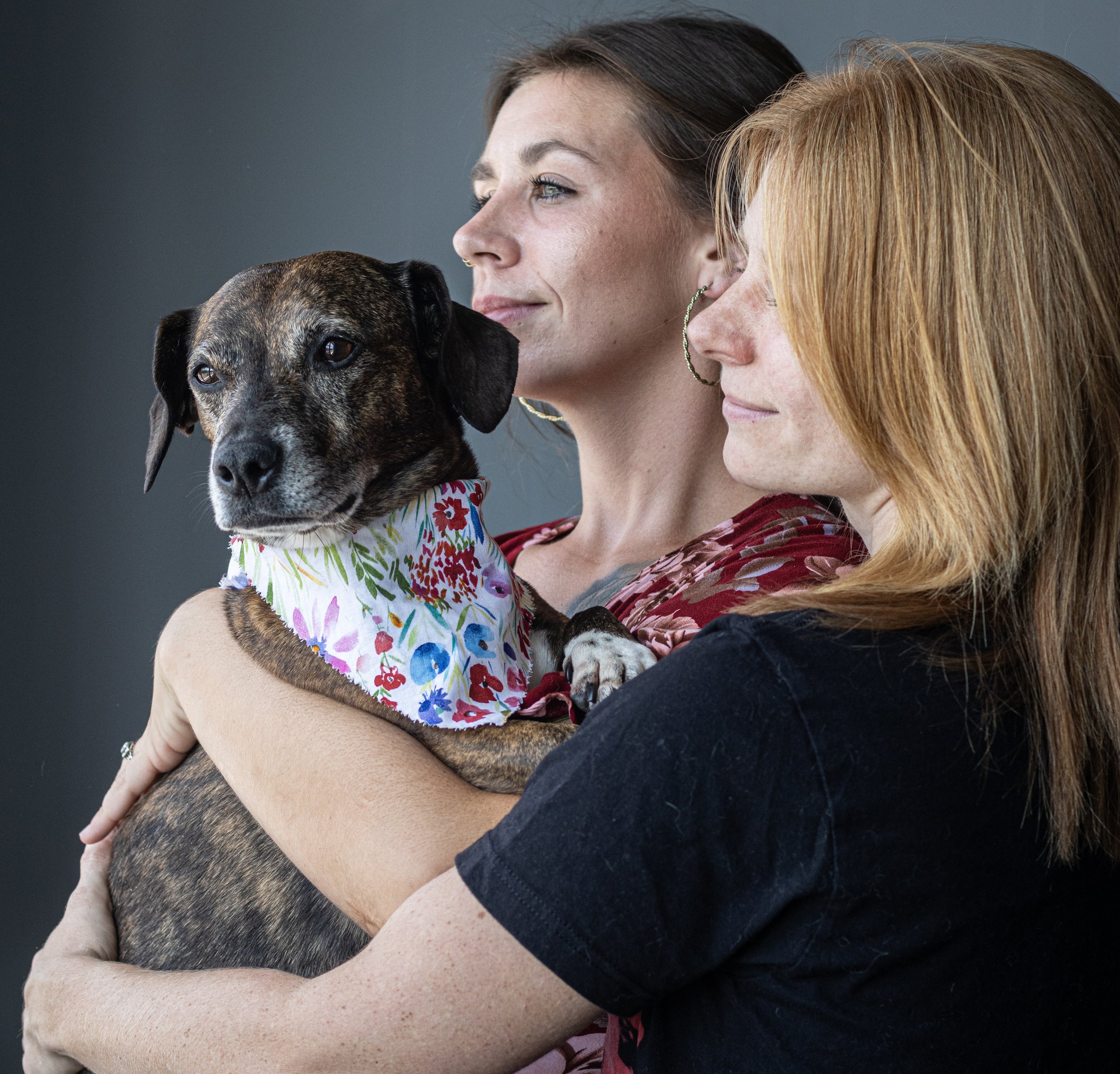 Two women holding a brindle dog with a floral bandana, both looking in different directions