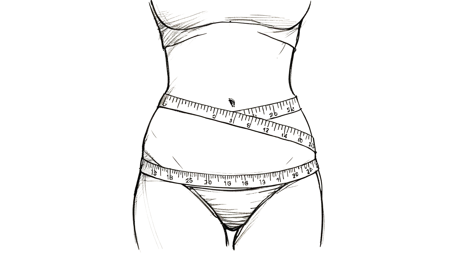 Sketch of a woman's torso with a measuring tape wrapped around her waist and hips.