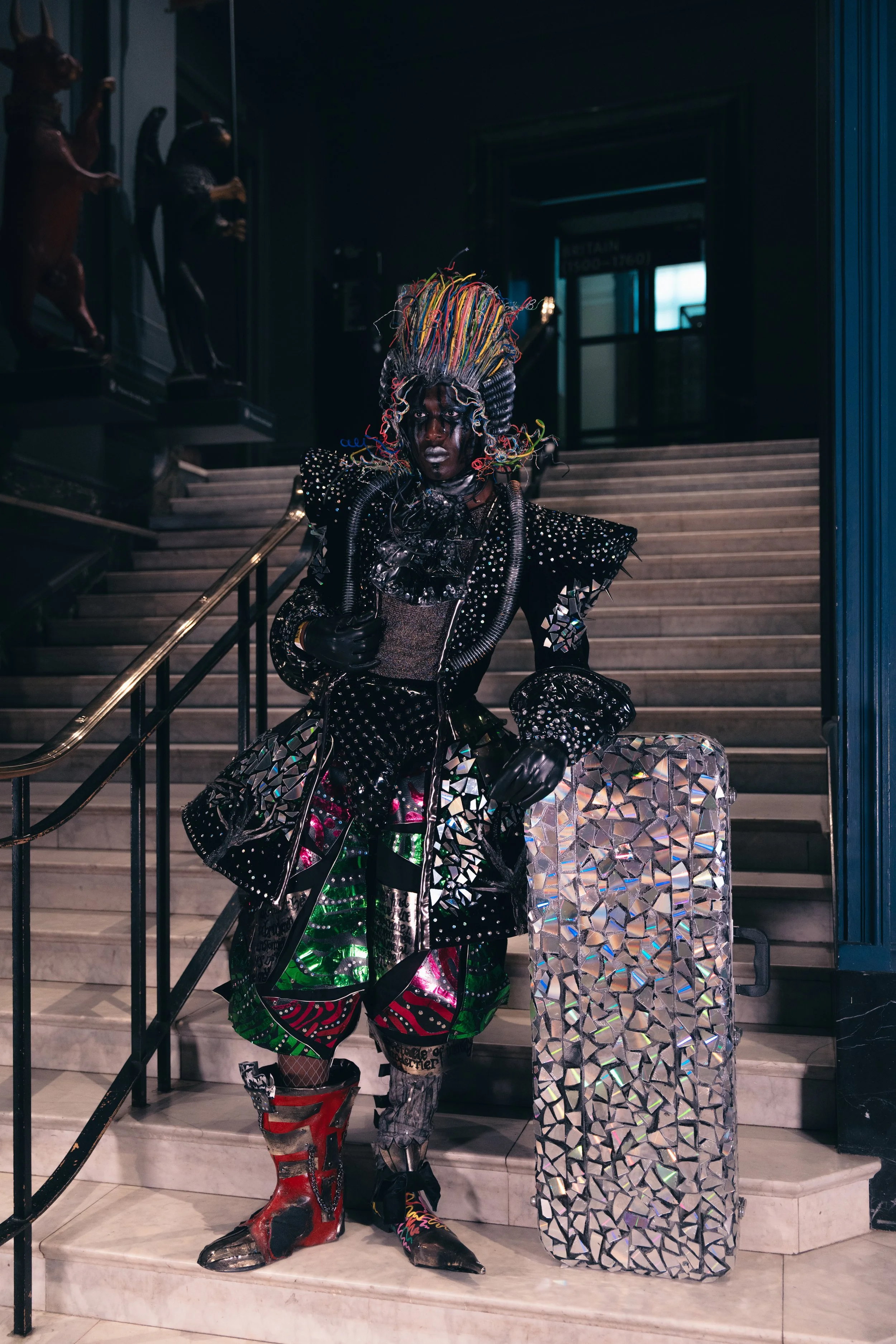 Final Project Costume 'INDUSTRIAL METAL MAESTRO' developed and designed with the inspiration from the eight-piece ensemble 'Looking for a musical instrument- wearing a paradox' (1989) by artist Lun*na Menoh. Performed at the V&A Museum. Performer: Pe
