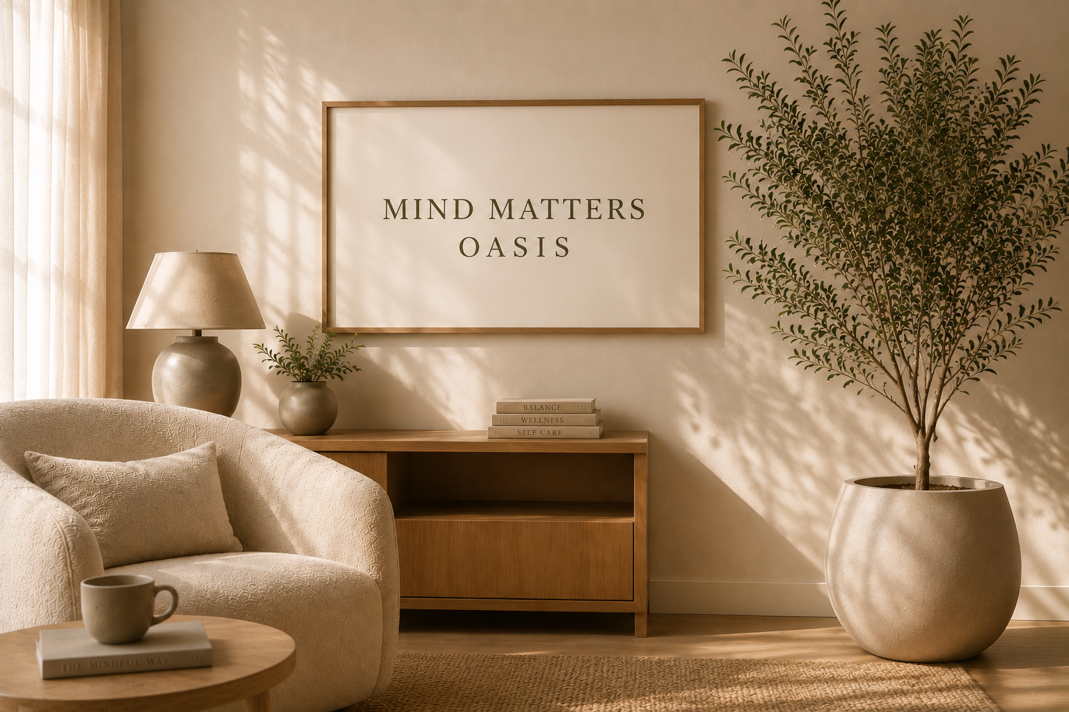 Living room with beige sofa, a wooden sideboard, large potted plant, and wall art reading 'Mind Matters Oasis' in a cozy, minimalist decor style.