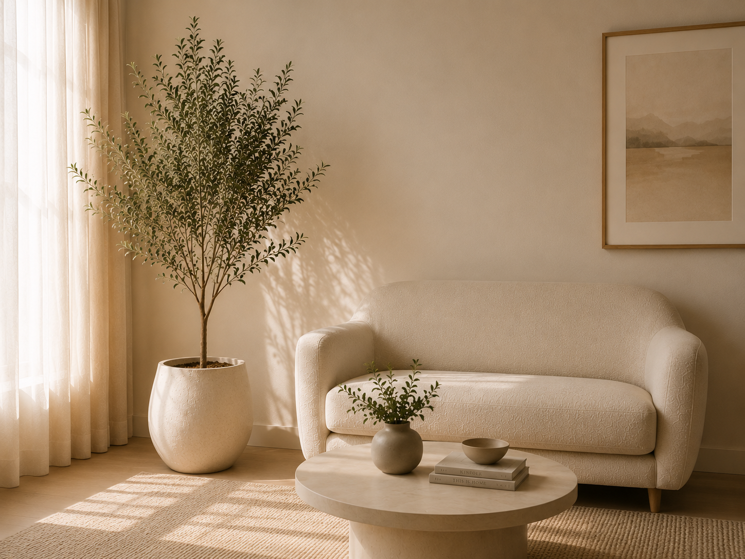 Living room with a large potted plant, a beige sofa, a round coffee table with books and a small plant, and a framed landscape picture on the wall.