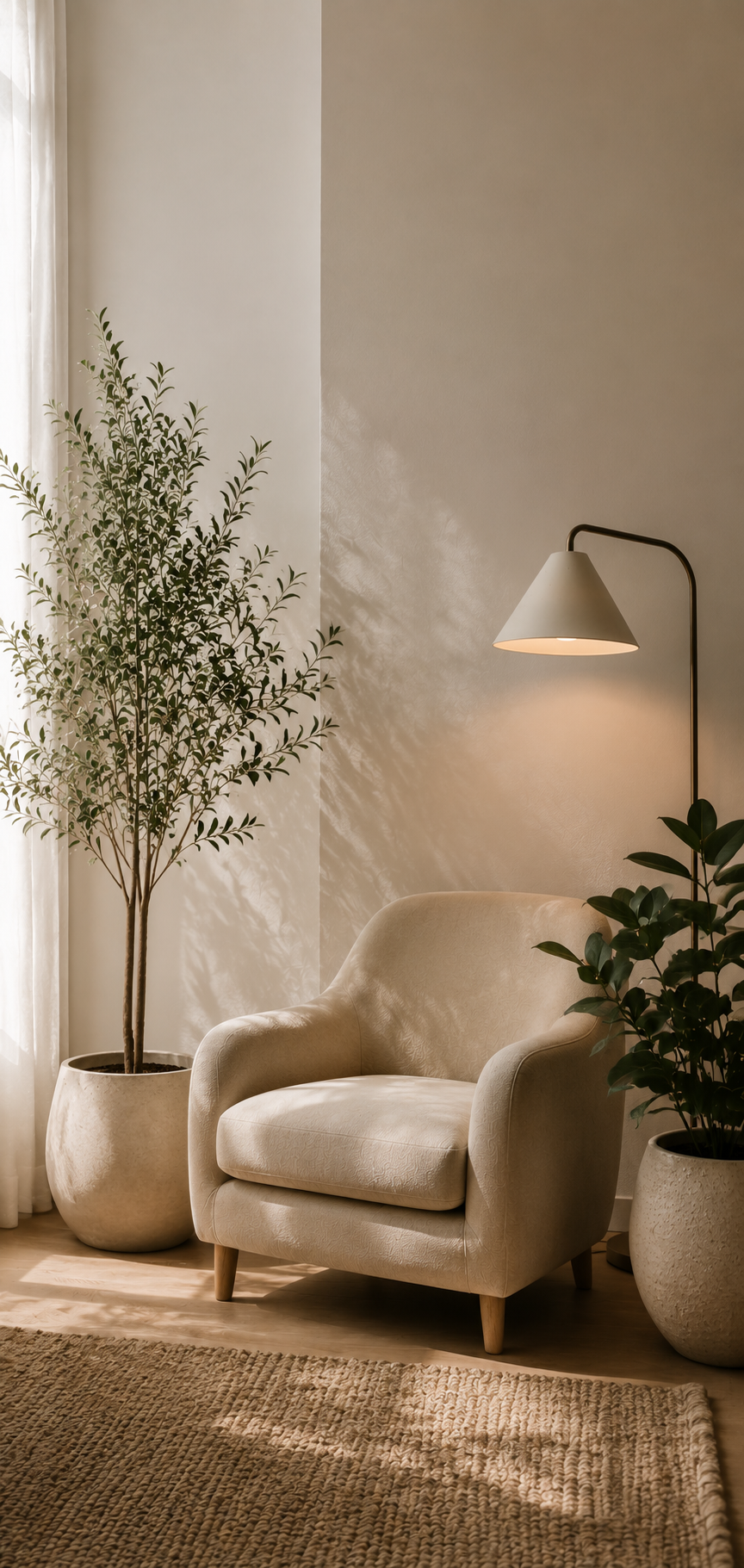 A cozy corner with a beige armchair, two large potted plants, a wall-mounted white lamp, a textured rug, and soft sunlight filtering through a curtain.
