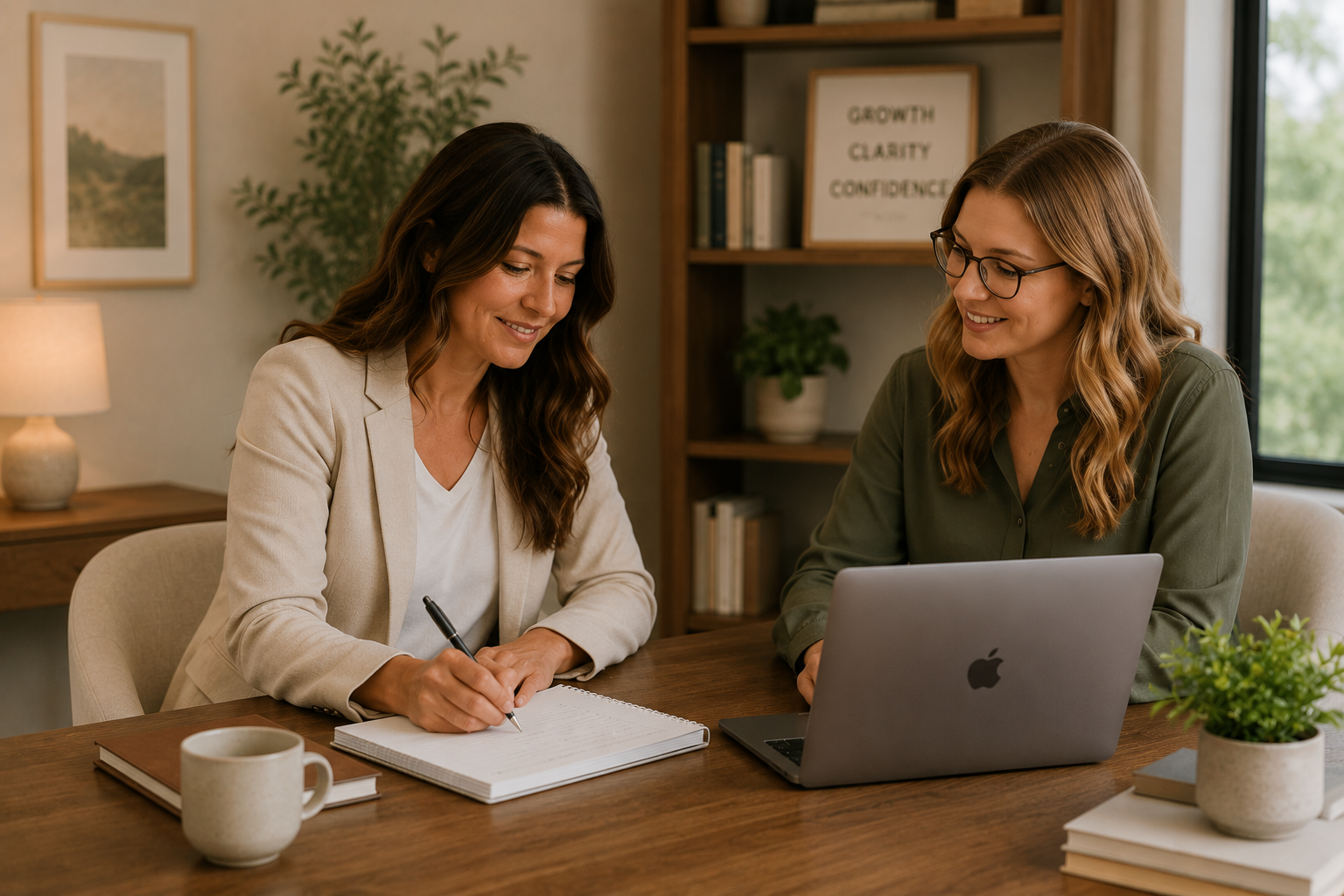 Two women sitting at a wooden table in an office, smiling and working together. One woman is writing in a notebook while the other is looking at a laptop. There are books, a potted plant, and framed artwork on the walls behind them.