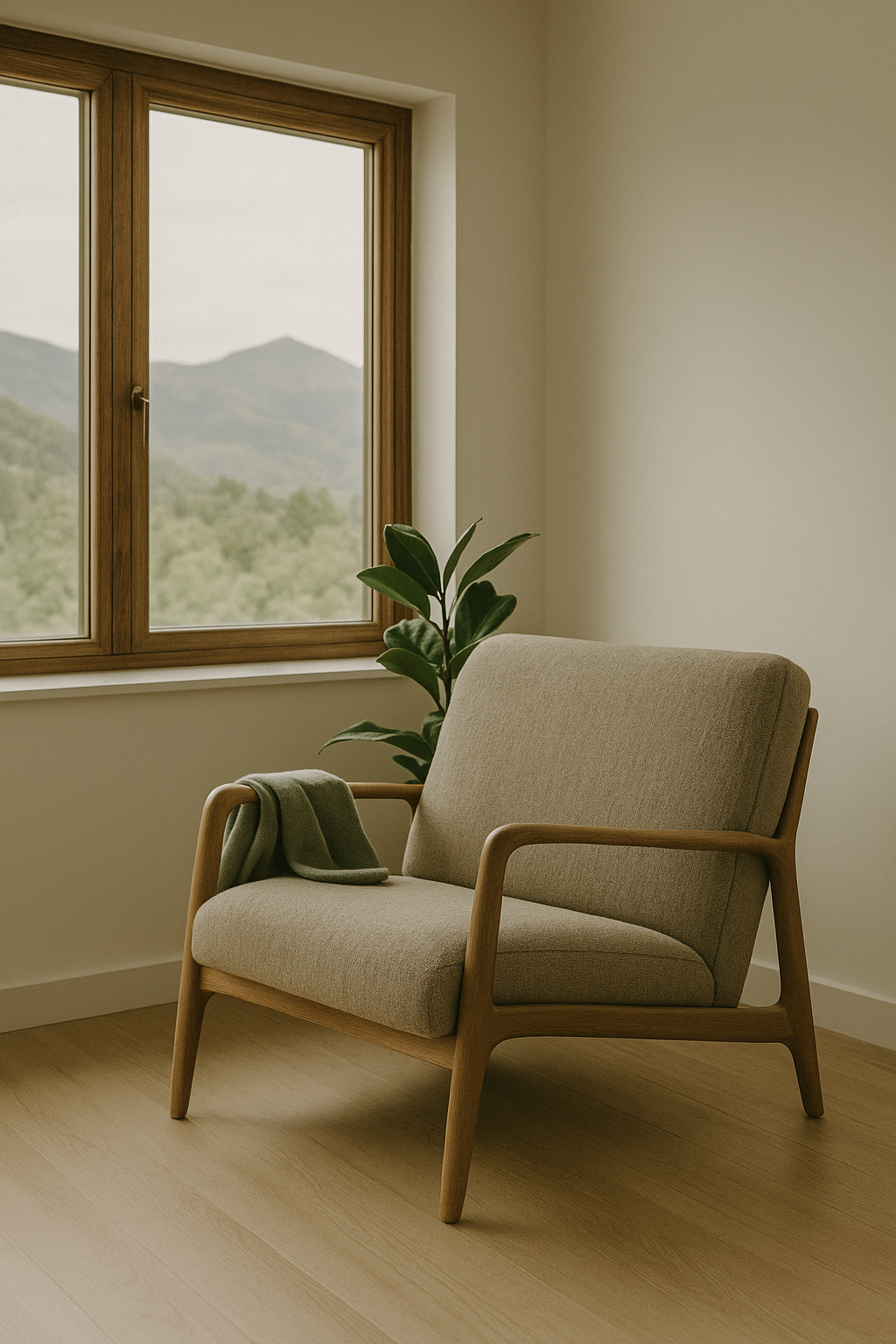 A beige upholstered armchair with wooden armrests and legs, a green blanket draped over one armrest, positioned beside a window with a wooden frame. A green potted plant with large leaves is near the chair, and outside the window are mountains and trees under an overcast sky.