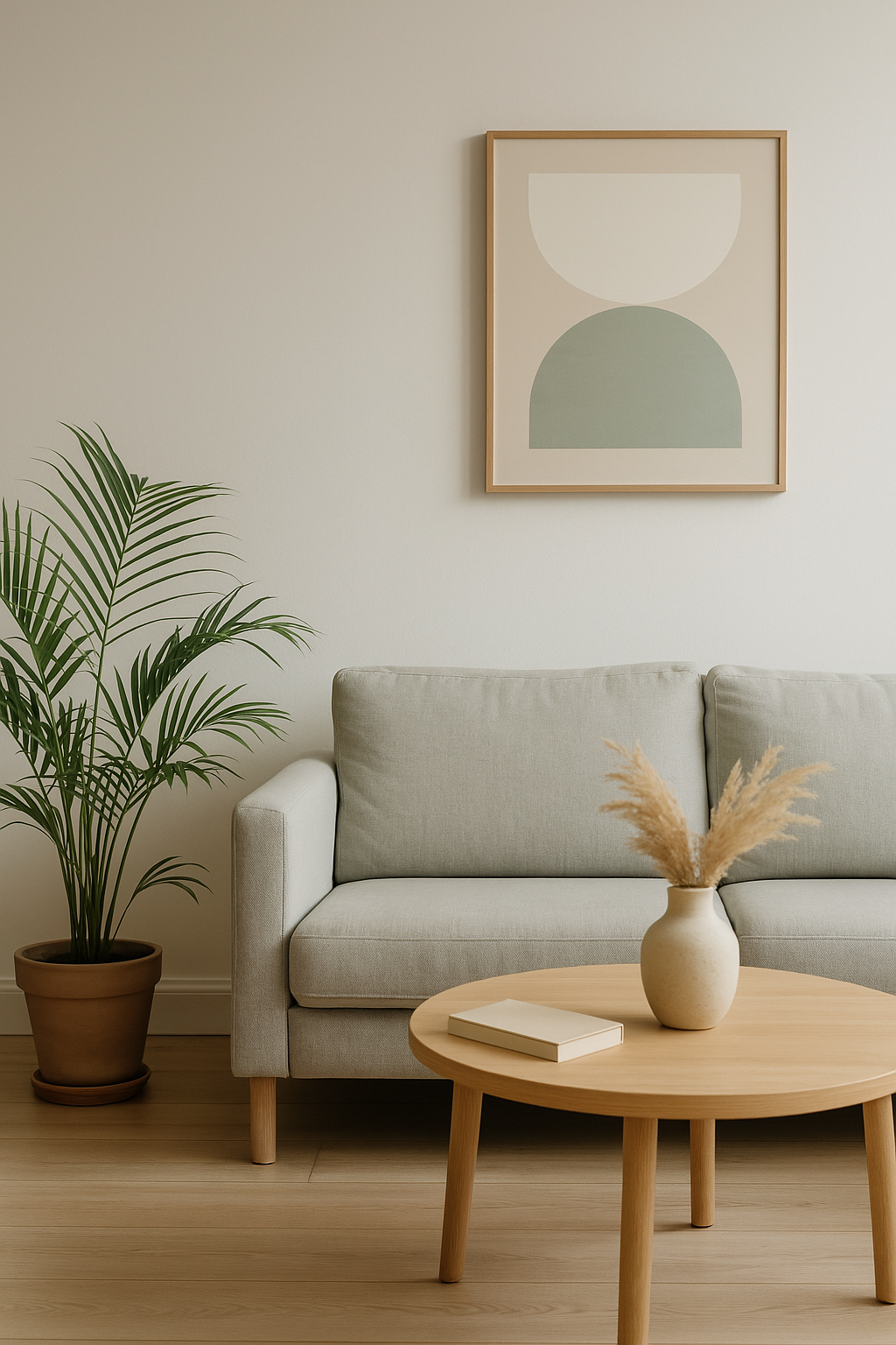 Living room with light-colored sofa, potted plant, round wooden coffee table with a book and vase with dried pampas grass, and a minimal abstract wall art.