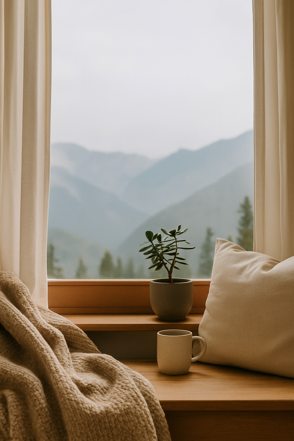 A cozy interior scene with a wooden windowsill holding a potted plant and a white mug, overlooking misty mountain views through light-colored curtains.