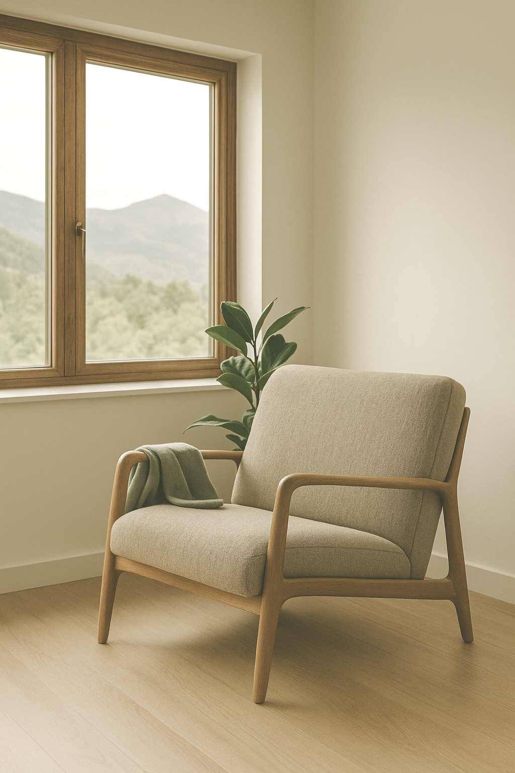 A beige upholstered armchair with wooden arms and legs, draped with a green towel, next to a potted plant, in front of a window with a scenic mountain view.