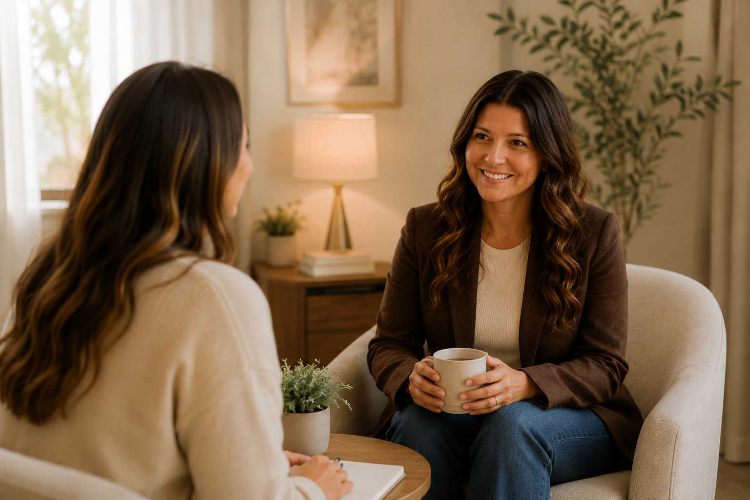 Two women having a conversation in a cozy room, one is smiling while holding a mug, and the other is sitting with a notepad. There is a lamp, a plant, and framed artwork on the wall behind them.