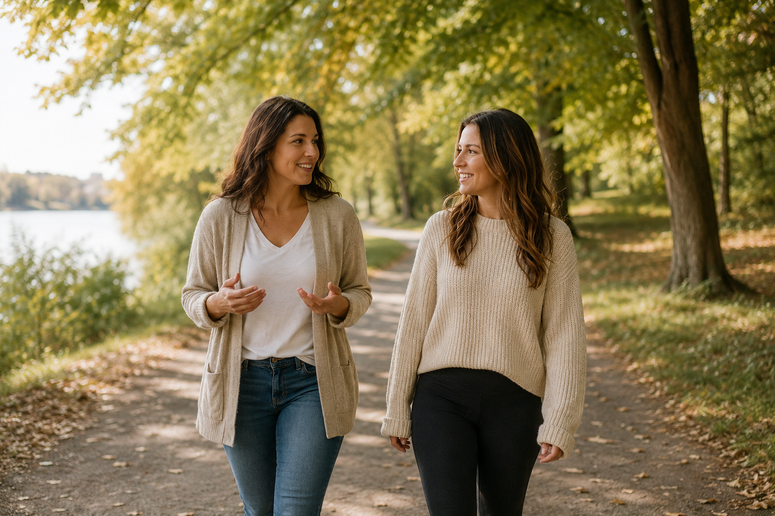 Two women walking and talking on a path in a park with green trees.