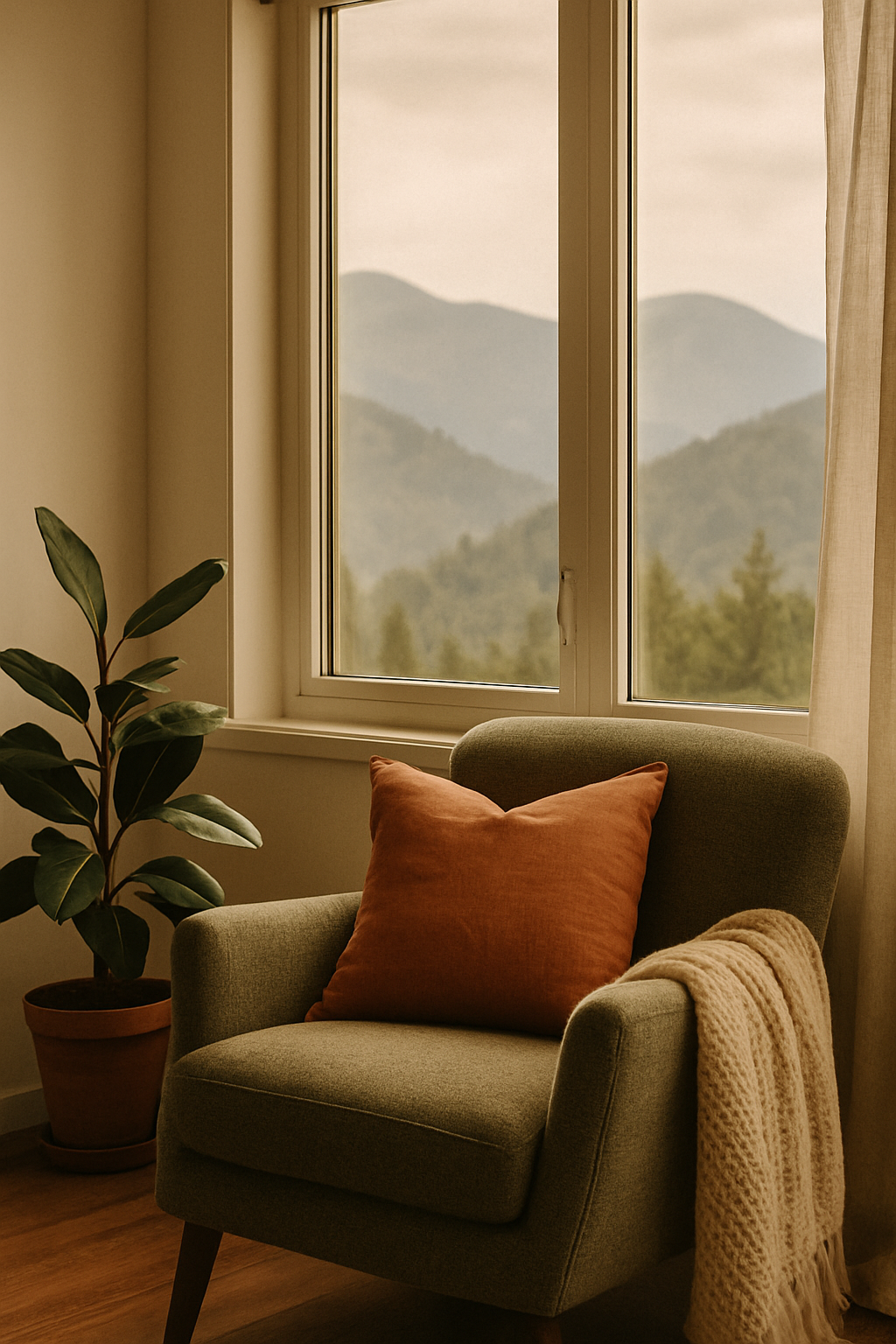 Cozy living room corner with a gray armchair, an orange cushion, a beige throw blanket, a potted plant, and a large window showing mountain scenery in the background.