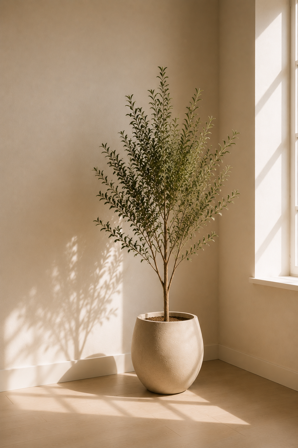 Indoor potted plant with shadow on beige wall near window.