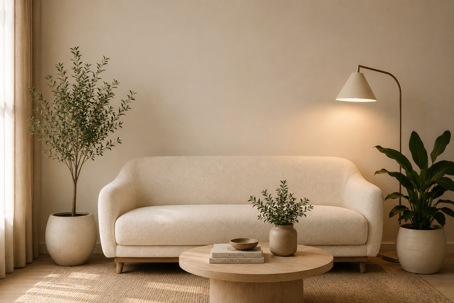 A minimalist living room with a cream-colored sofa, potted plants on each side, a round wooden coffee table with books and a small plant, a modern floor lamp, beige curtains, and a wall in the background.