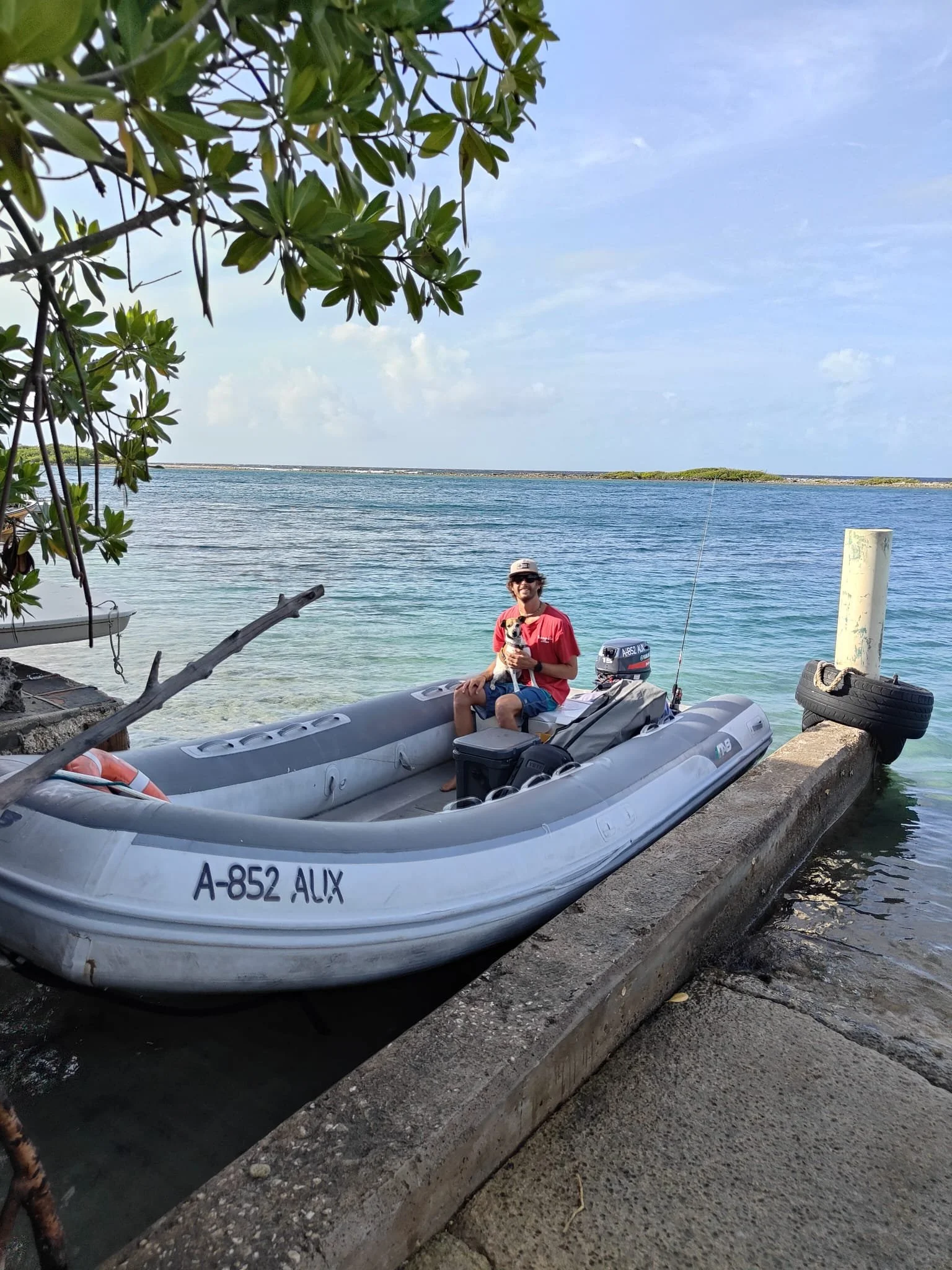 A person sitting in an inflatable boat on the edge of a dock by the water, holding a small dog, with a tree and blue sky in the background.