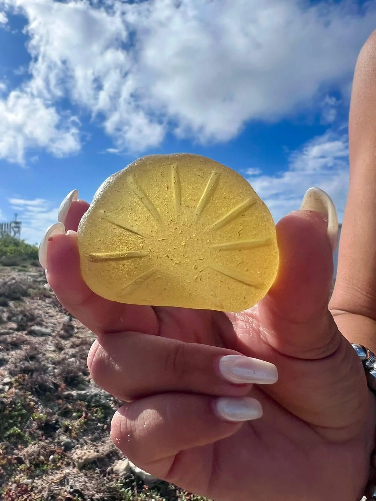 A person holding a lemon-shaped soap with lemon wedge imprint design, outdoors with blue sky and clouds in the background.