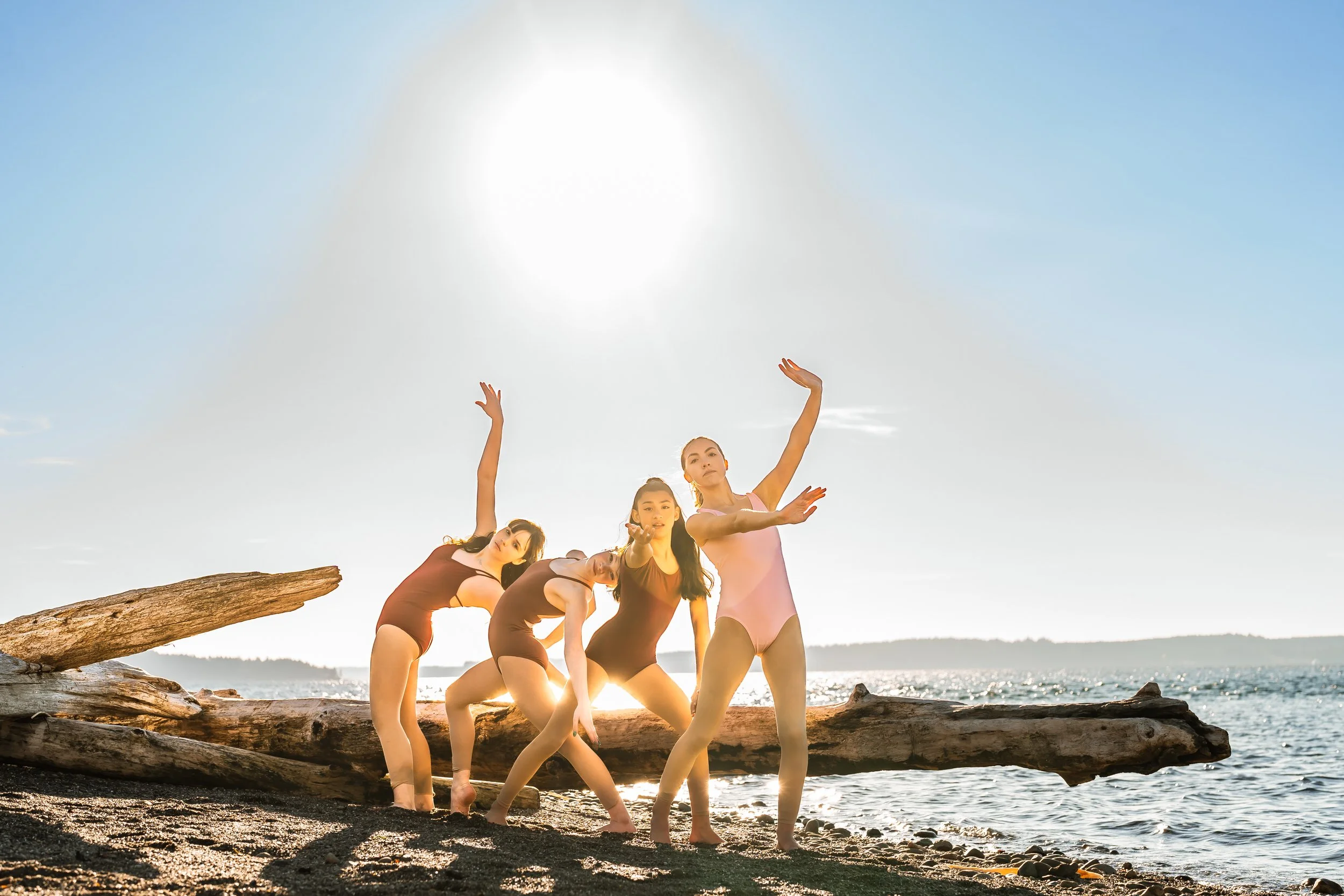 Four dancers in leotards performing on a beach with driftwood and ocean in the background under a bright sun.