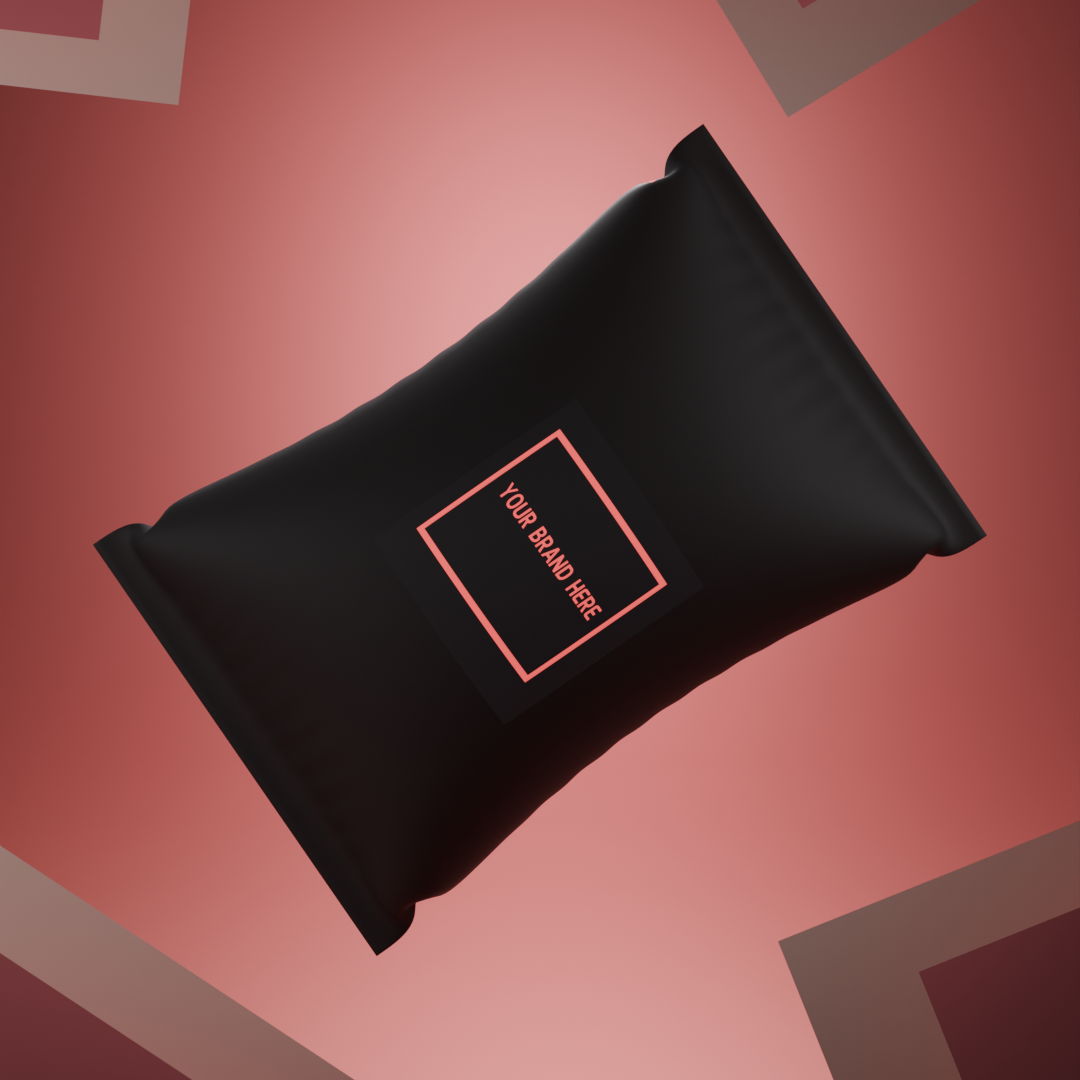 Black package with a label that says "Your Brand Here" resting on a pink background with geometric shapes.