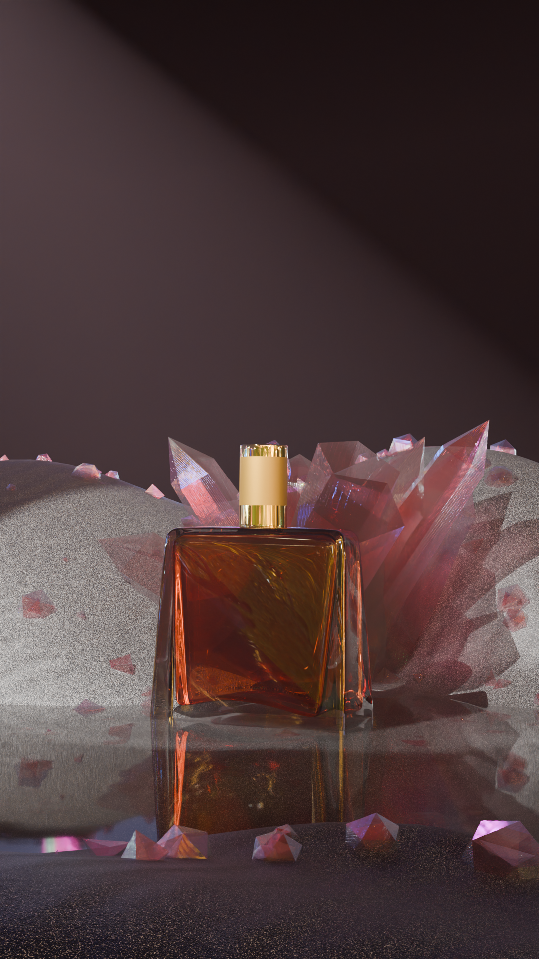 An elegant perfume bottle with a gold cap, placed in front of a cluster of pink and purple crystals, on a reflective dark surface with scattered crystal shards around.