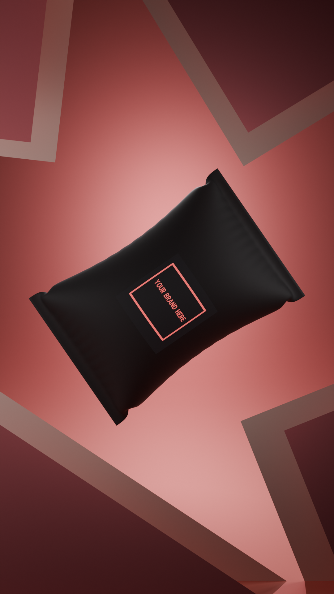 Black packaging pouch with a label that says 'Your Brand Here' on a pink and maroon background with geometric shapes.