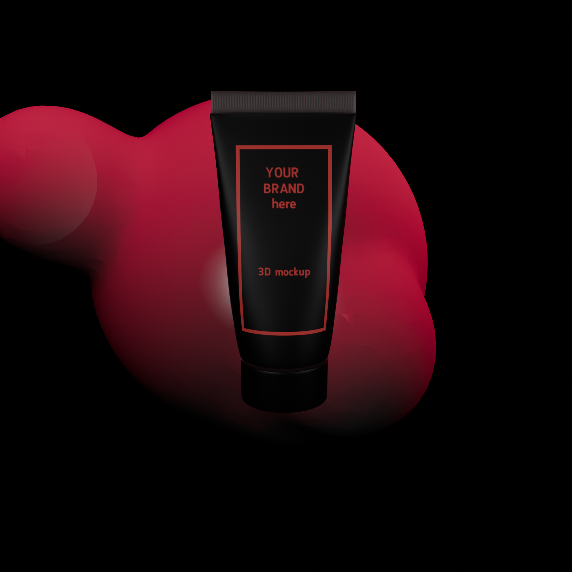 Black 3D mockup tube with red text on a dark background with red abstract shape