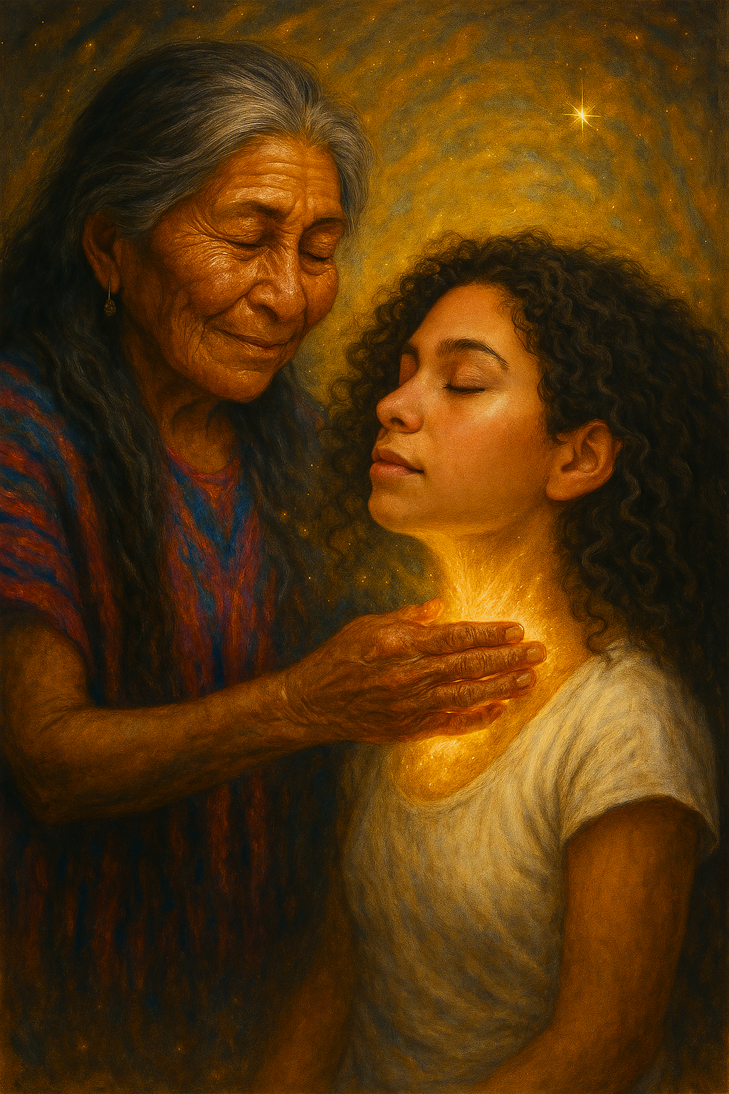 An elderly woman gently holds a young woman's shining, golden chest, both with closed eyes, sharing a peaceful, loving moment against a warm, starry background.