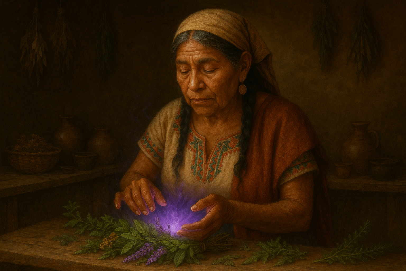 An elderly woman with long black braids, wearing traditional embroidered clothing and gold earrings, holds a glowing purple aura over herbs and greenery on a wooden table in a rustic room.