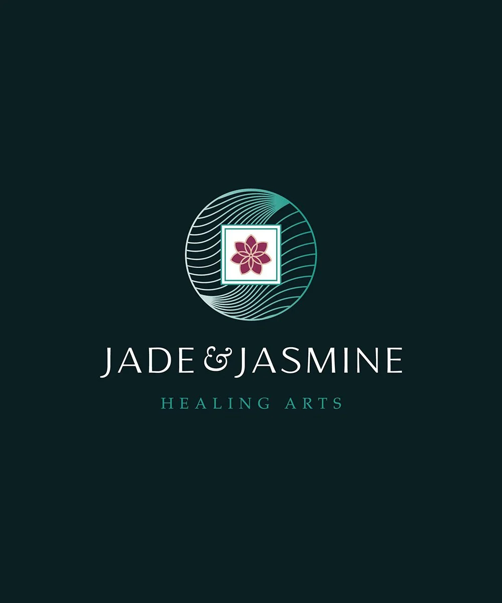 Logo design for Jade & Jasmine Healing Arts with a stylized lotus flower icon and text.