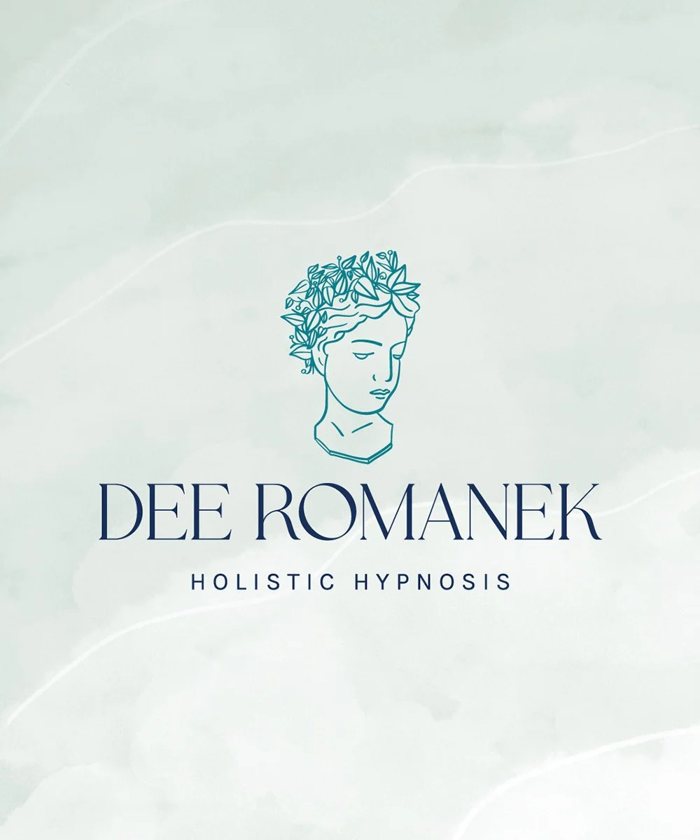 Logo design for Dee Romanek Holistic Hypnosis, featuring a line drawing of a person's head with a leafy crown, on a light green background.