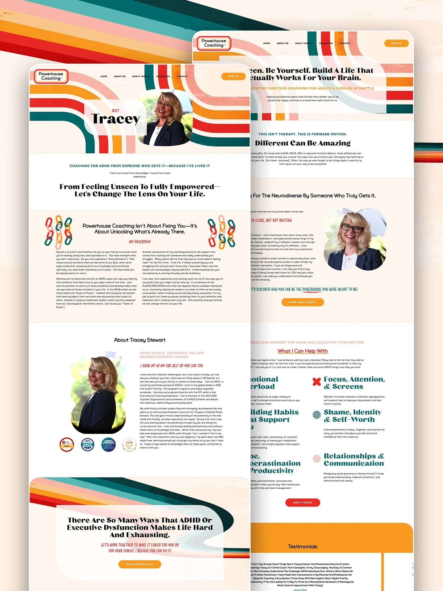 Screenshots of a coaching website design featuring Tracey Stewart, offering neurodiverse and ADHD coaching services with colorful design, images of Tracey, and various sections about coaching benefits and testimonials.