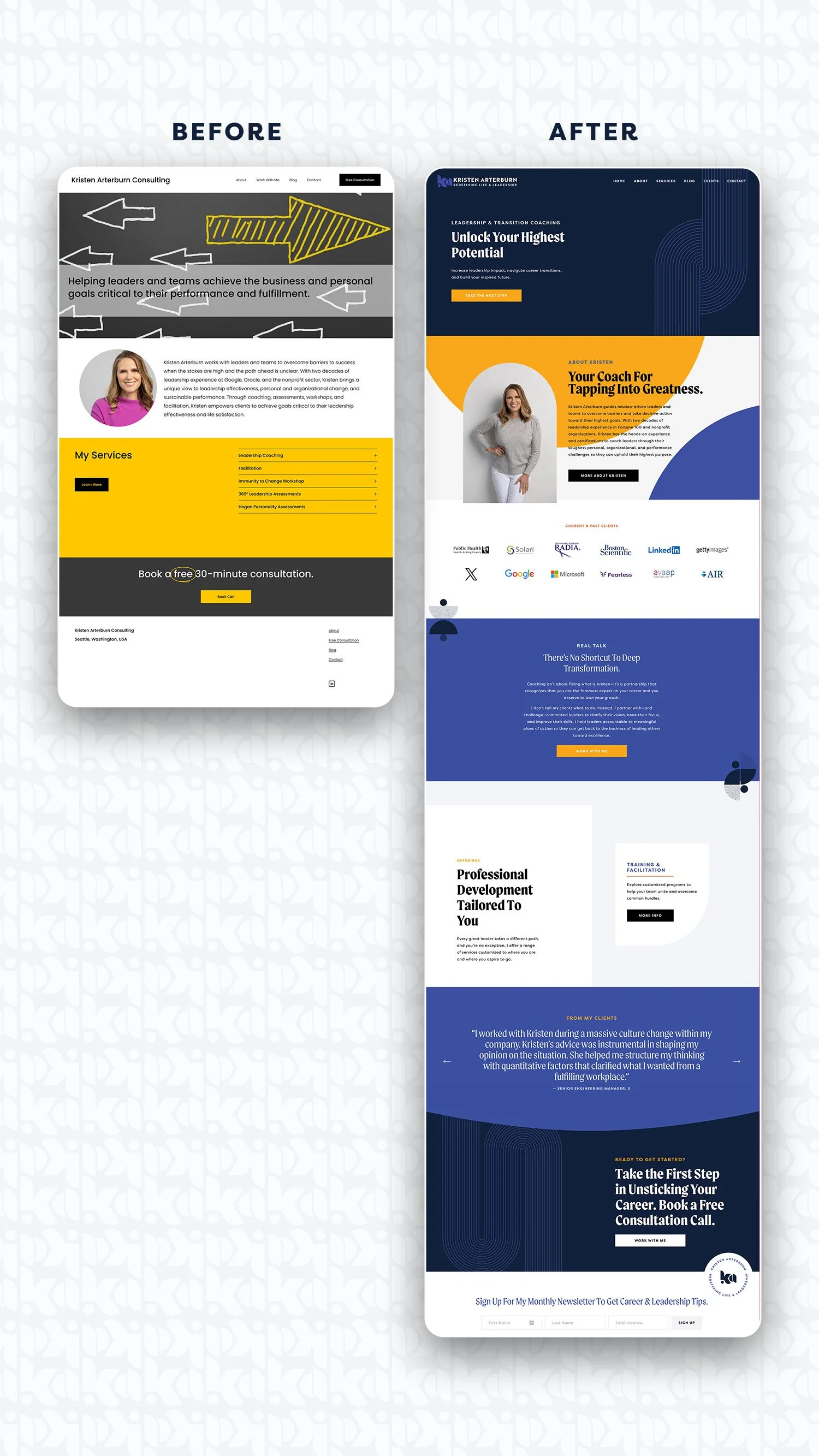Side-by-side comparison of two website screenshots labeled 'Before' and 'After' for Kristin Arterburn Consulting. The 'Before' version has a black, gray, and yellow color scheme with chalkboard-style arrows and a service list. The 'After' version features a professional design with navy blue, orange, and white colors, highlighting coaching, development, and client testimonials.