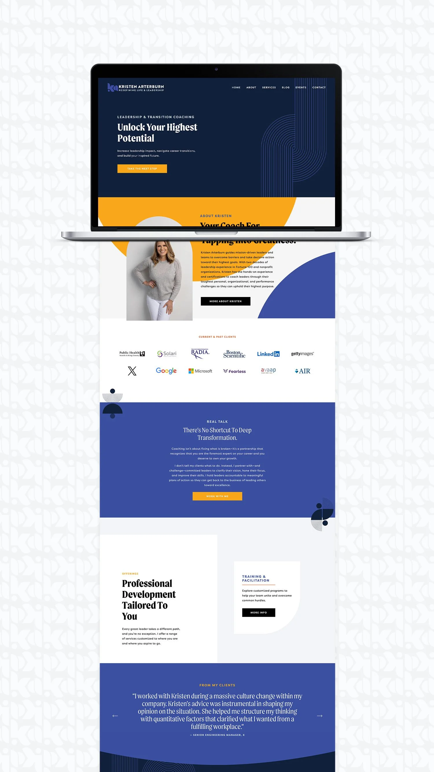 A website homepage design for Kristen Arterburn coaching services featuring sections on leadership and transition coaching, client testimonials, and service offerings, with a dark blue, yellow, and white color scheme.