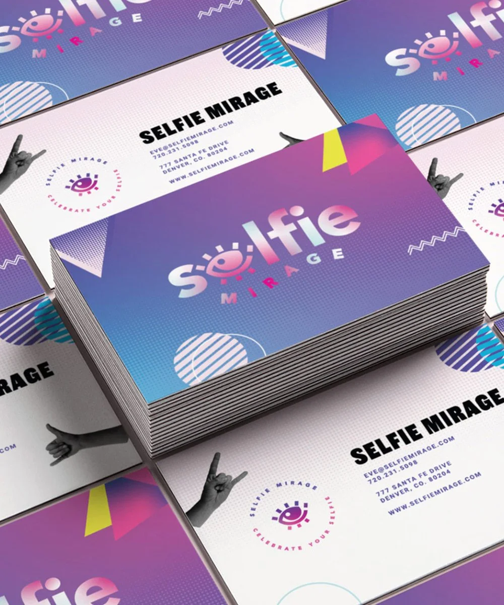 Stacked business card design displaying the logo and branding for Selfie Mirage, a Six Leaf Design client and company located in Denver, Colorado.