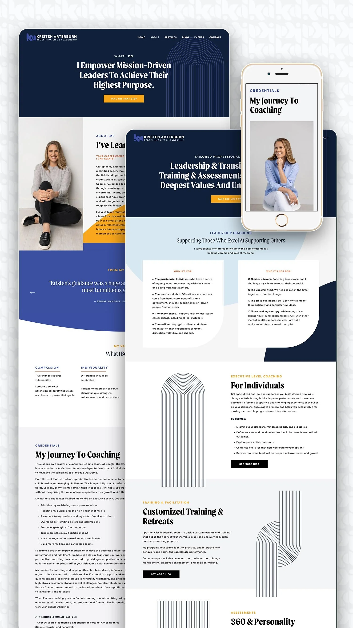 Screenshot of a professional website design for Kristin Arterburn, a leadership coach, with sections about coaching services, testimonials, and career guidance, displayed on a desktop computer and a mobile phone.