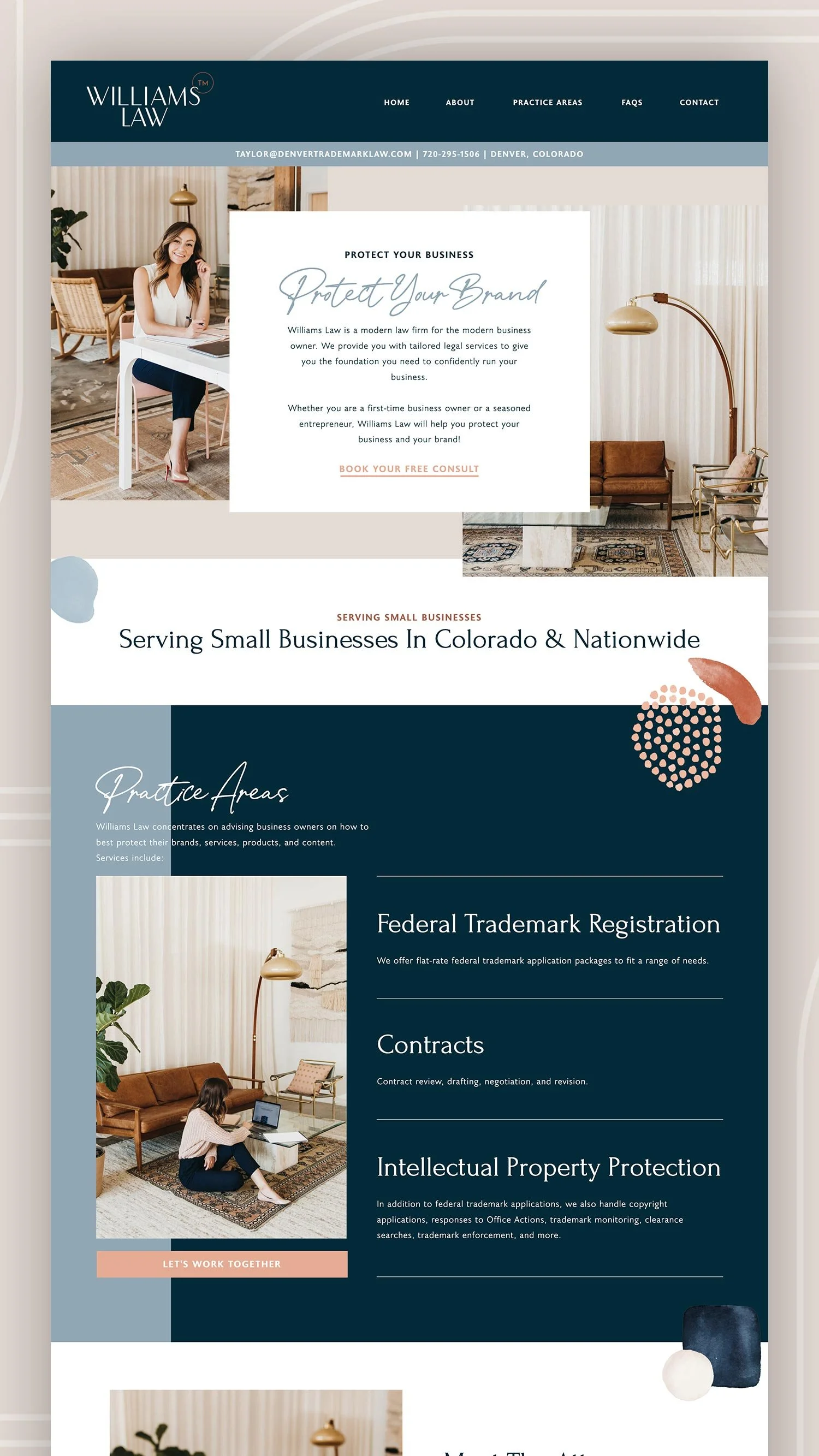 Screenshot of Williams Law website design featuring a woman in a professional setting, with sections about legal services for small businesses, including services like federal trademark registration, contracts, and intellectual property protection.