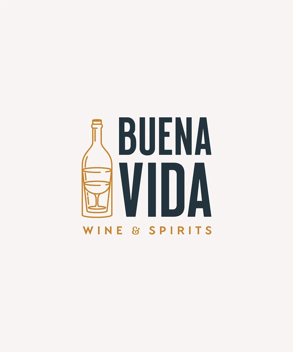Logo design for Buena Vida Wine & Spirits featuring a wine bottle outline with a glass of wine inside.