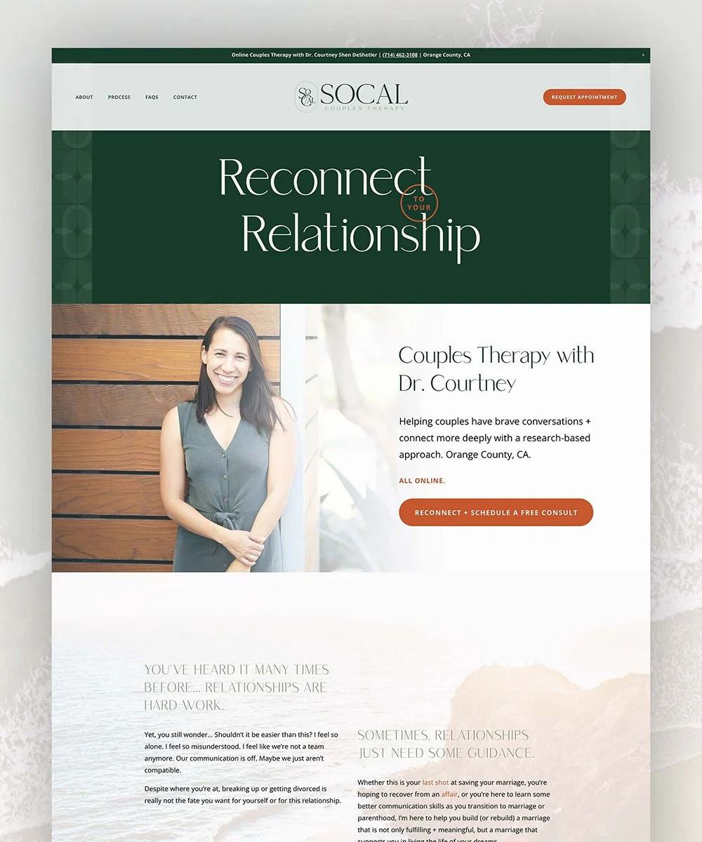 Website homepage for SoCal Couples Therapy with Dr. Courtney showing a woman smiling, text about reconnecting in relationships, and an orange 