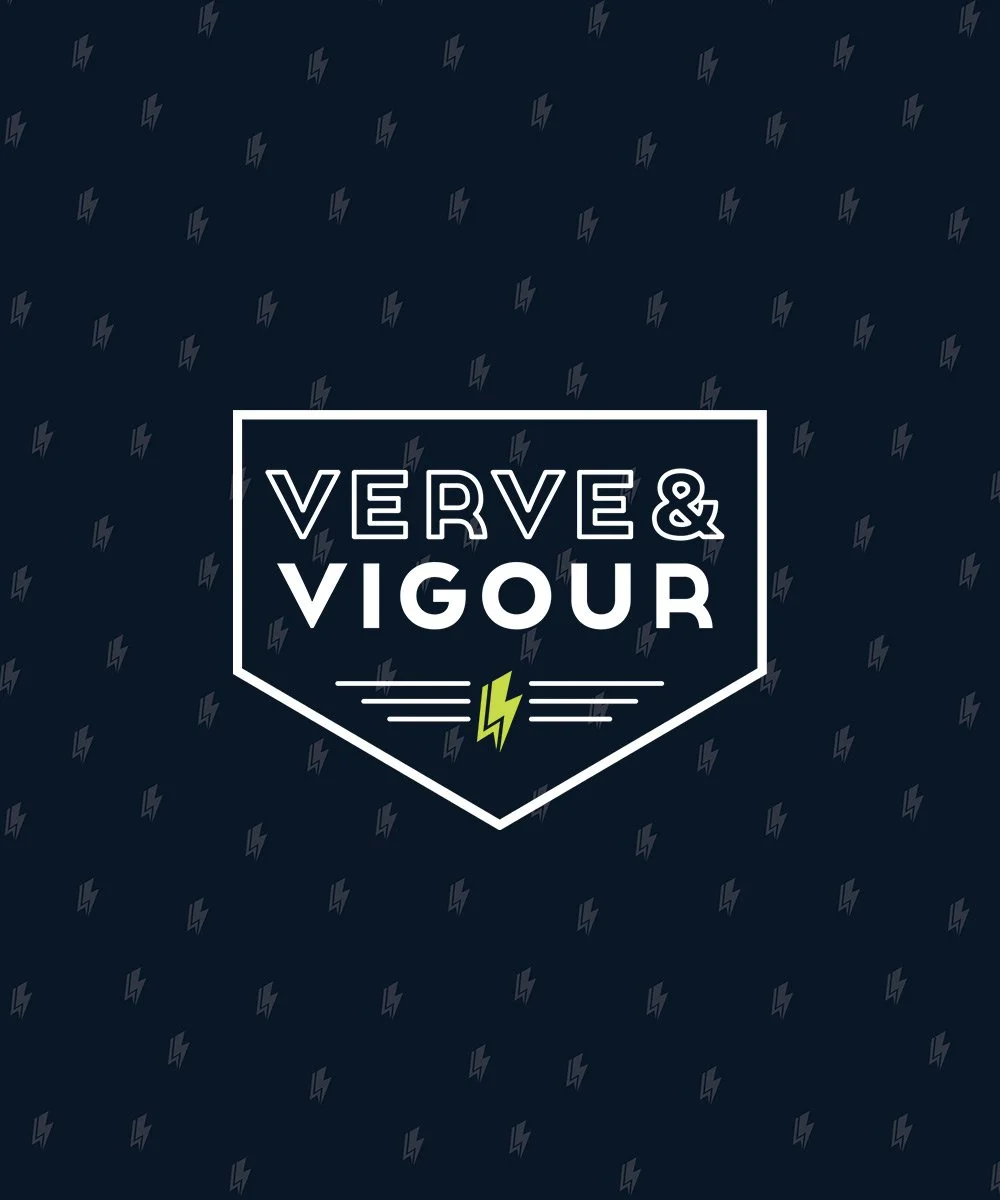 Logo design with the text 'VERVE & VIGOUR' inside a shield shape, featuring a small green lightning bolt and lines beneath the text, on a dark background with a pattern of small lightning bolts.