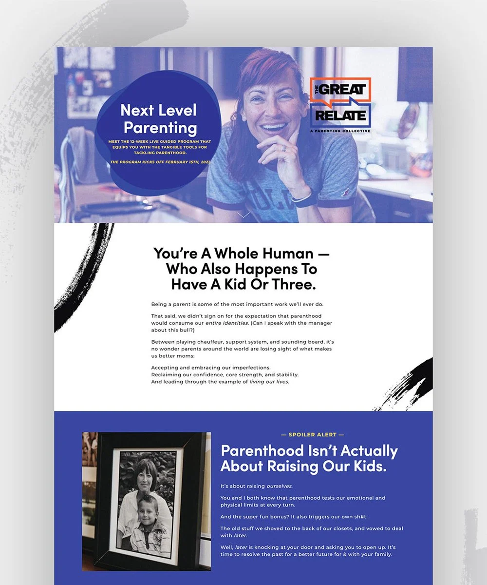 Landing page and website design for a parenting program called "Next Level Parenting" featuring a smiling woman in a casual setting. 